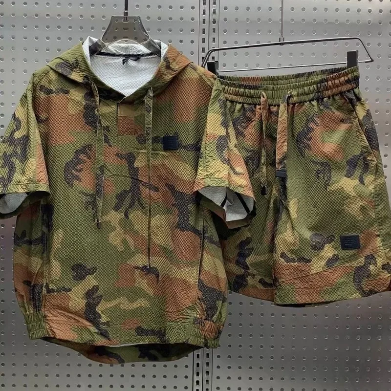 Ensemble t-shirt et short pour homme, léger et respirant, style cargo, poche, sweats à capuche de sport décontractés, manches courtes, mode, 2 pièces