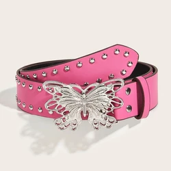 Indie Aesthetic 2000s Rivet Pink Belt with Butterfly Punk Metal Buckle Belt Luxury Fashion Waistband Jeans Pants Decor Y2k Belt