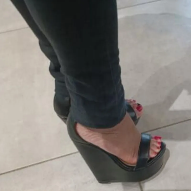 

SHOFOO Sexy women's high-heeled sandals Black matte leather sandals About 15cm heel height Wedges platform sandals Summer shoes