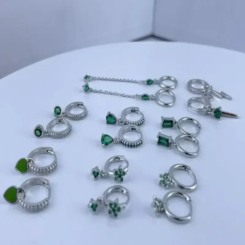 Florato 925 prata esterlina orelha agulha turquesa prata série hoop brincos para mulheres vintage verde zircão studs jóias