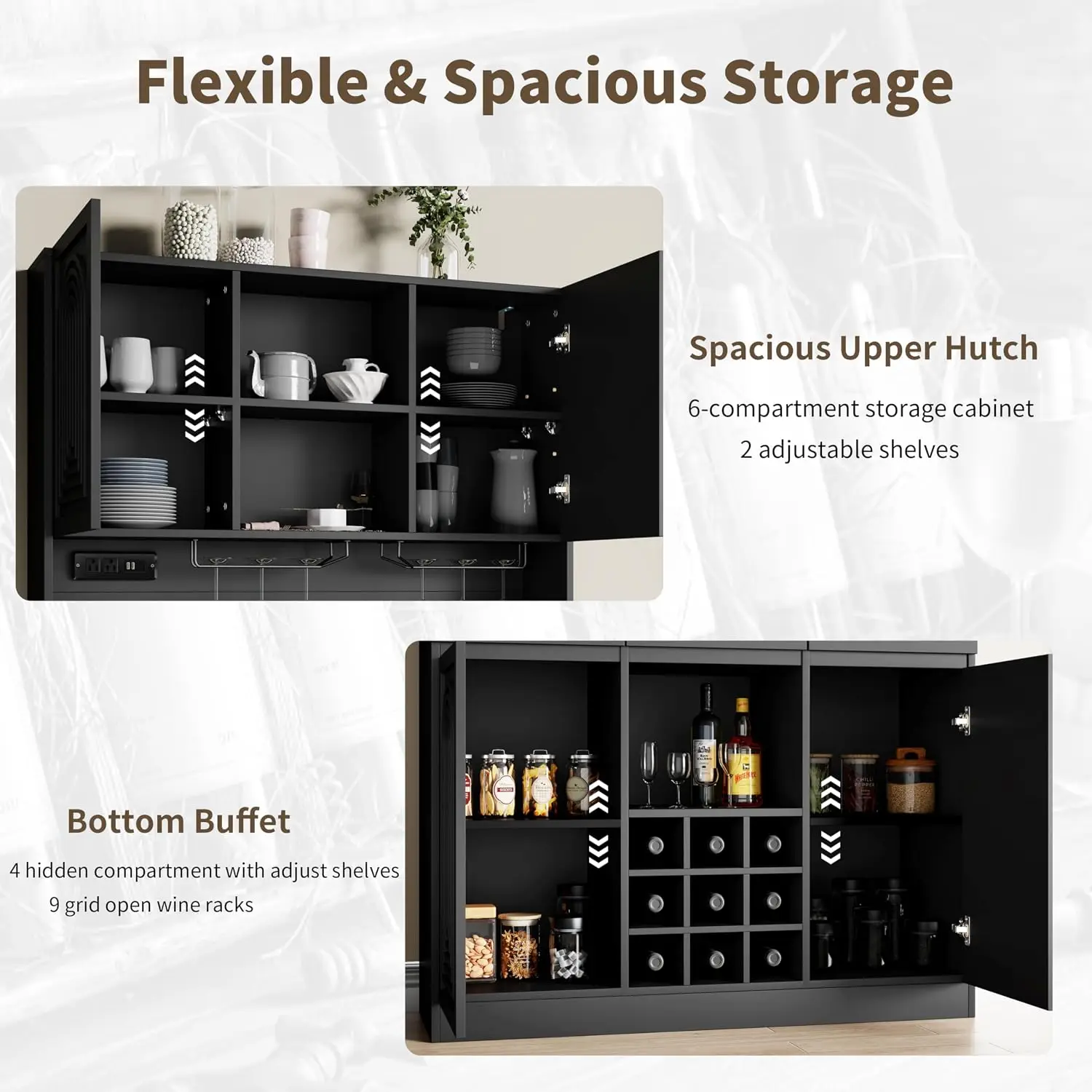 71" Bar Cabinet w/ LED & Power Outlet, Microwave Shelf Pantry Hutch, Customized image 4
