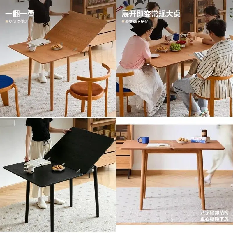 Foldable Solid Wood Dining Table Retractable Flip Over Square Design Space Saving for Small Kitchen Apartment