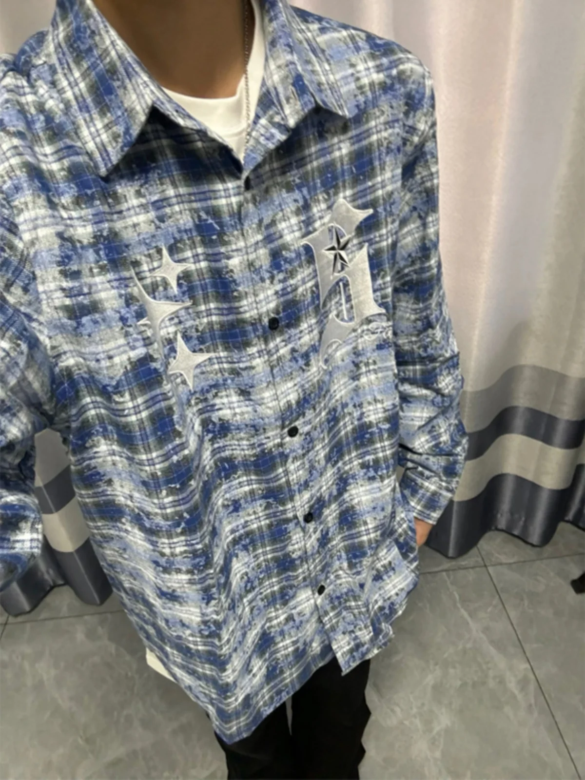 

Trendy Men's Plaid Shirt Long Sleeve Embroidered Tie-Dye Checkered College Style Outerwear Spring Season Loose Fit Polyester