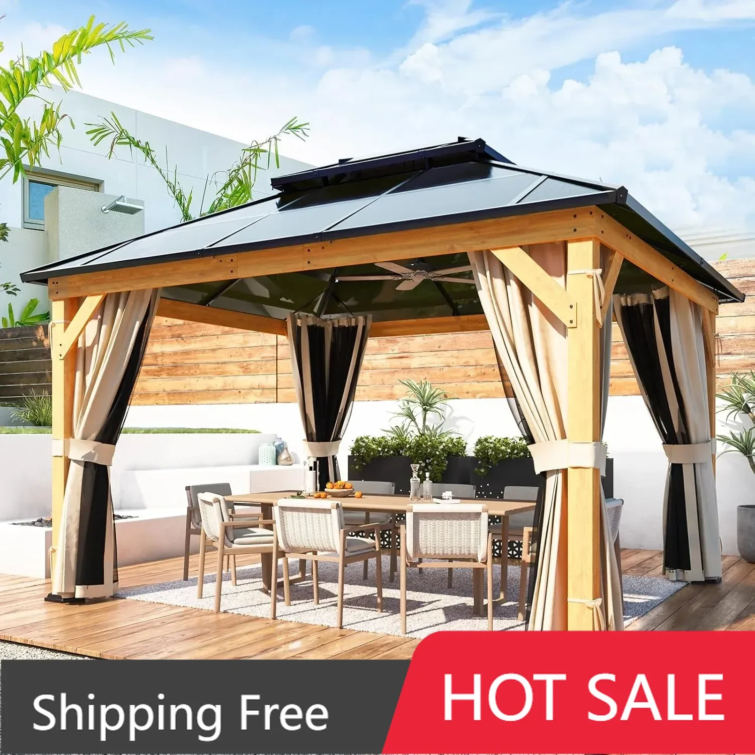 11'x 13' Hardtop Gazebo, Wood Outdoor Gazebo, Polycarbonate Double Roof, Netting & Curtains, Patio Gazebo for Decks, Backyards