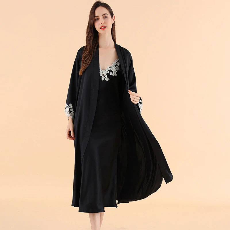 Luxury Lace Trim 100% Heavyweight Silk Bathrobe Sexy Long Nightgown Women Summer Lace Lounge Wear