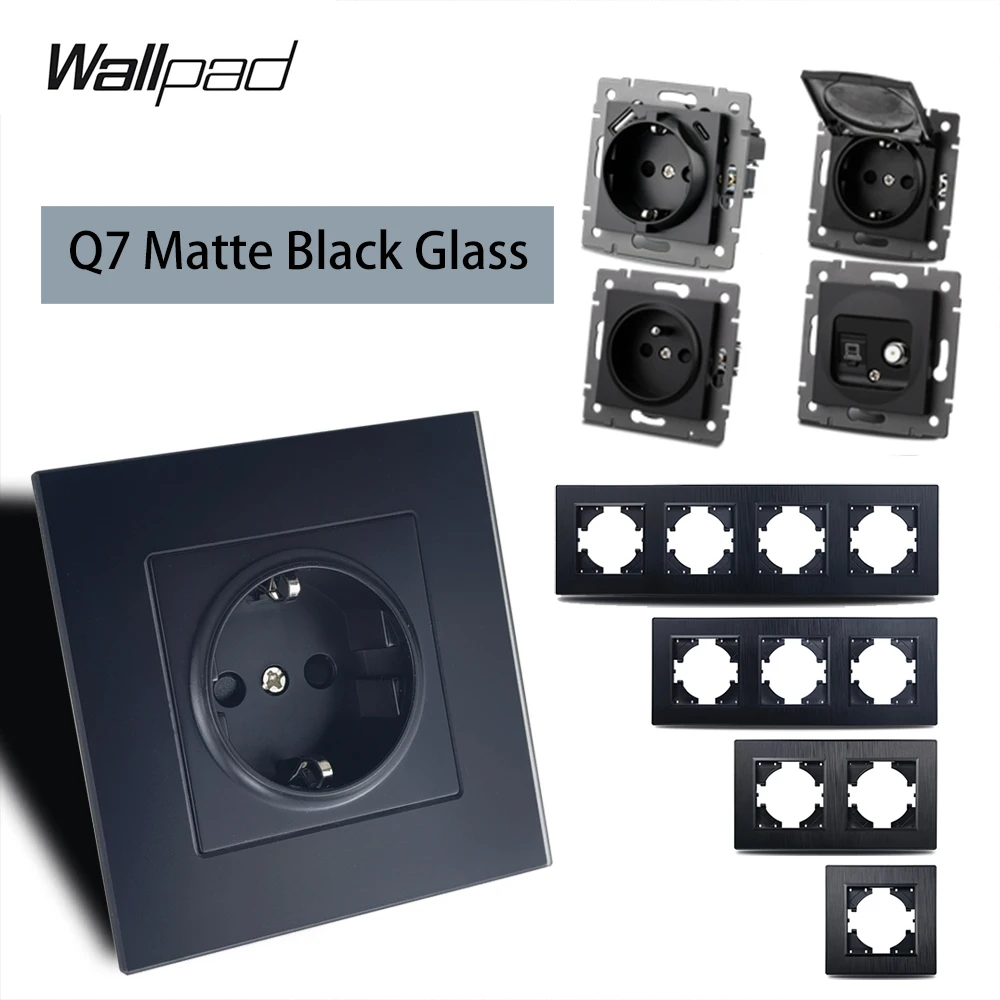 EU German Wall Socket, French Plug Socket, Type C USB Power Charge Ports, Black Matte Skin-feel Tempered Glass Panel, Wallpad Q7