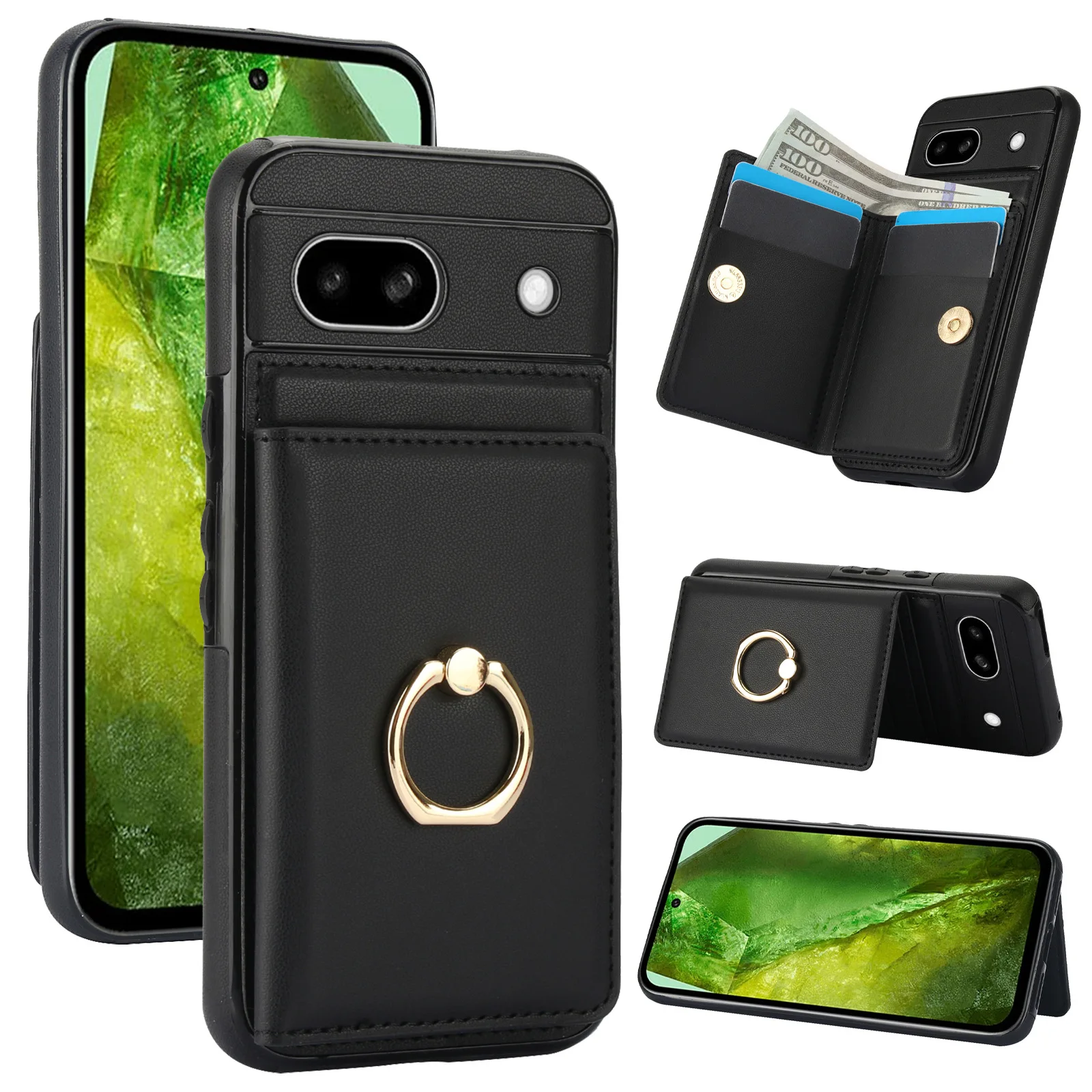 

Для Google Pixel 9pro XL/9A чехол с металлическим кольцом на палец, вставка для карты, левый/правый флип-кошелек, противоударный кожаный чехол для Pixel 8/8 Pro