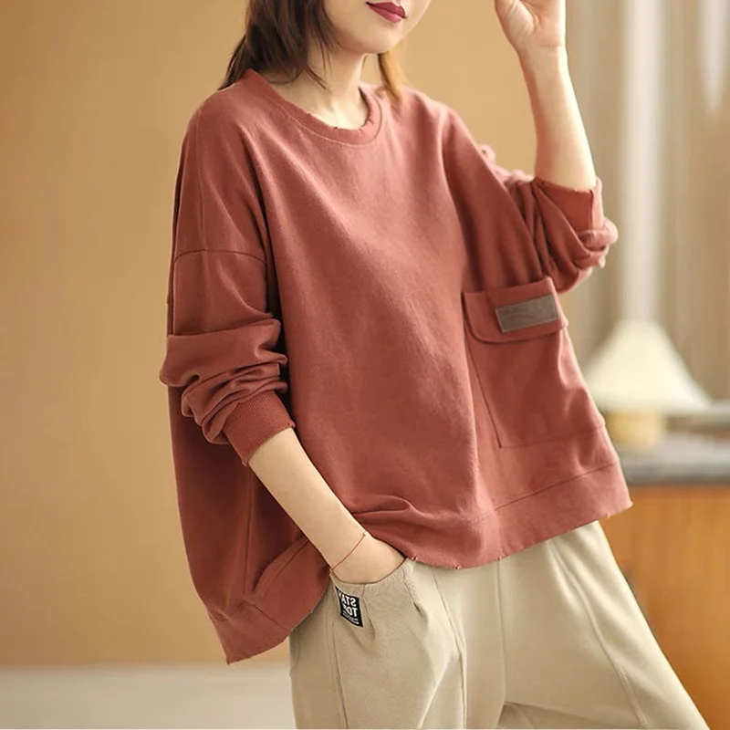 Puur katoenen lang Sve-sweatshirt Casual ronde Ne-pullover Lente Herfst Faionable Veelzijdige losse top voor dames