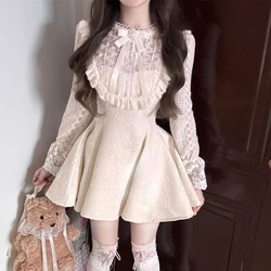 Japanese Gothic Y2k Lolita Dress Women Sweet Elegant Patchwork Lace Ruffles Bow Slim Dresses Female Long Sleeve Party Mini Dress