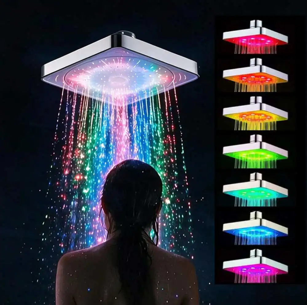 New Square Fixed Showerhead Rainfall Top Spray 7 Colors Gradual Changing 3 Colors Temperature Sensor LED Shower Head