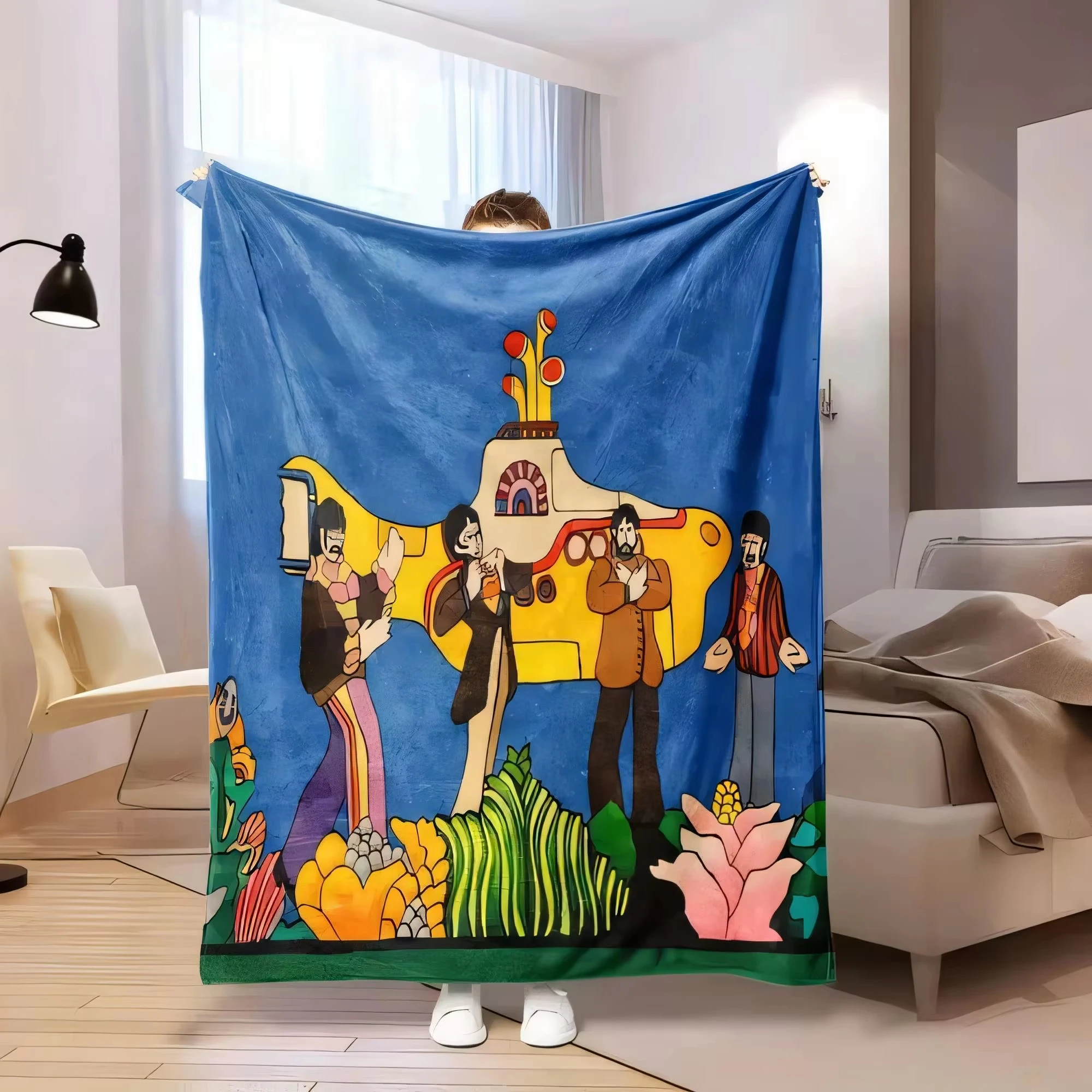 Beatles Yellow Submarine Blanket Retro Psychedelic Music Band Cartoon Underwater Print Soft Flannel for Cool Nostalgic Rock