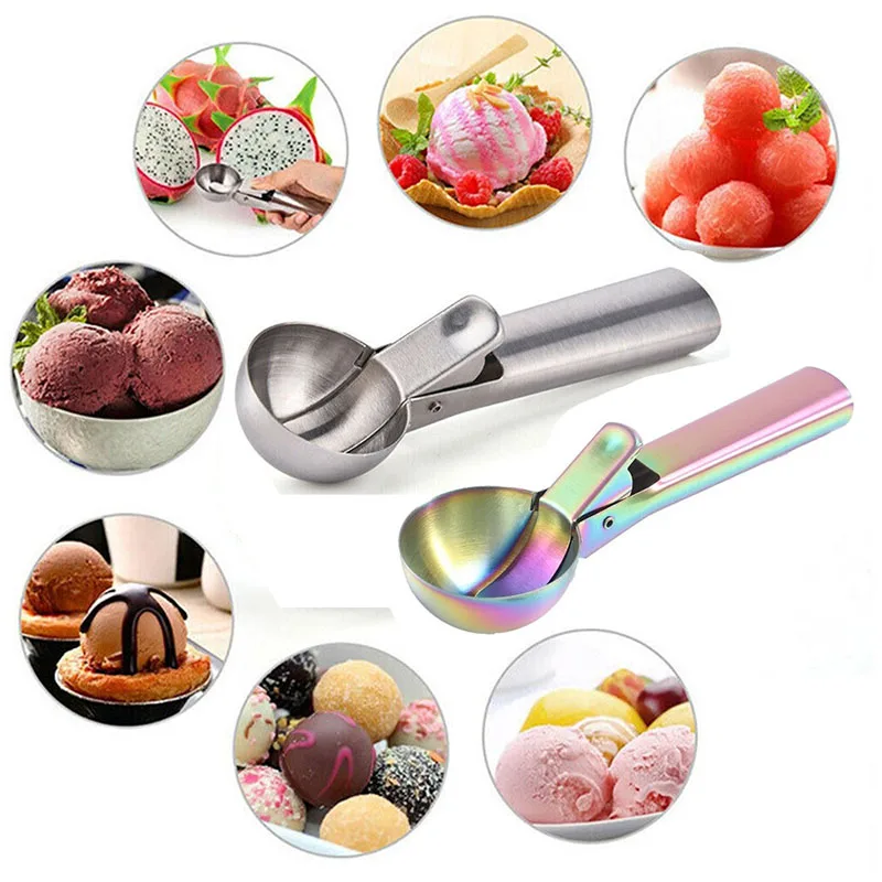 Juego de cucharas para helado con gatillo de liberación, ideal para helado, yogur helado, frutas y helados, incluye cucharas pequeñas y grandes