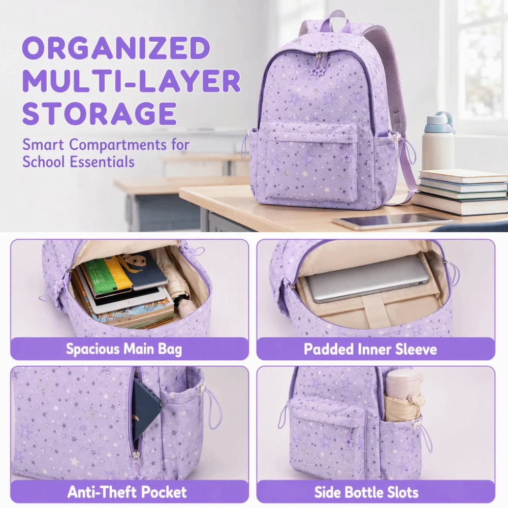 Fashion Star Pattern Schoolbag Lightweight Large Capacity Laptop Bag Multi-layer Solid Color Travel Backpack