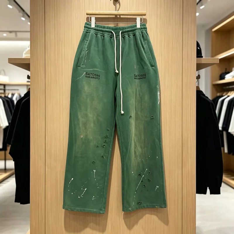 Green Loose Satoshi Nakamoto Splashed Ink Hole Damaged Sweatpants Men Women Vintage Washed Do Old Terry Cloth Trackpant Trousers