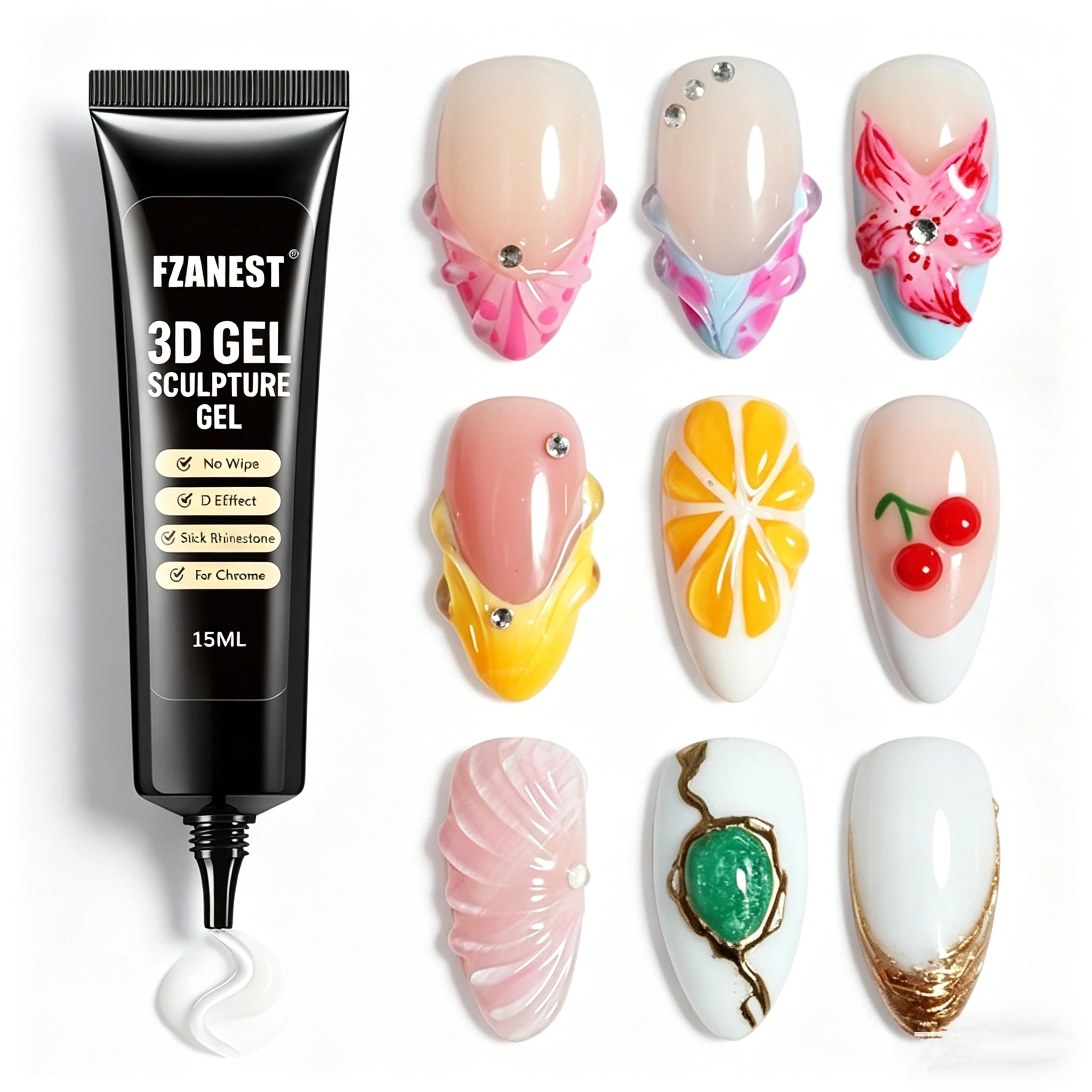 

FZANEST 3D Sculpture Gel 15ml,Multi-functional No Wipe Gel for 3D Effect, Chrome Pigment,Rhinestone Sticking,DIY Nail Art Design
