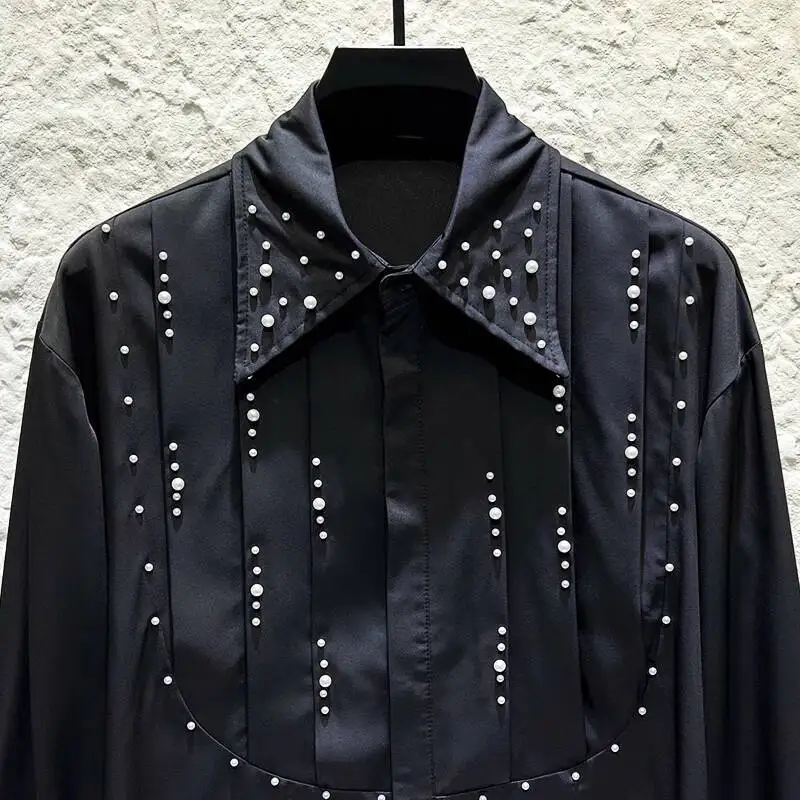 PFHQ جديد عصري الرجال القمصان شخصية مطوي مطرز تصميم كم طويل قميص موضة بدوره إلى أسفل طوق بلون القمم 21P1332