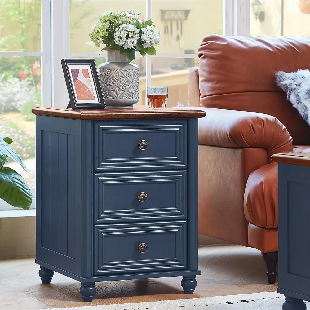 

18" Farmhouse Night Stand, Blue Wood Nightstand with 3 Drawers, Bedside End Table with Storage and Roman Column, Bed Side Tables