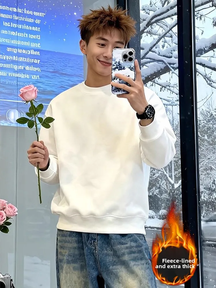 

Белая мужская толстовка с круглым вырезом и длинным рукавом на флисовой подкладке, осенне-зимняя теплая базовая футболка, американское нижнее белье