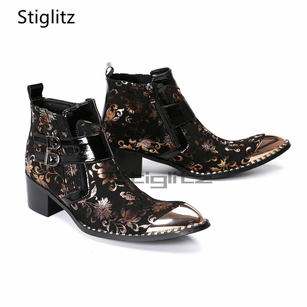 High Heels Flower Print Chelsea Boots for Men Metal Pointed Toe Double Buckle Straps Anke Boots Side Zip Party Banquet Shoes
