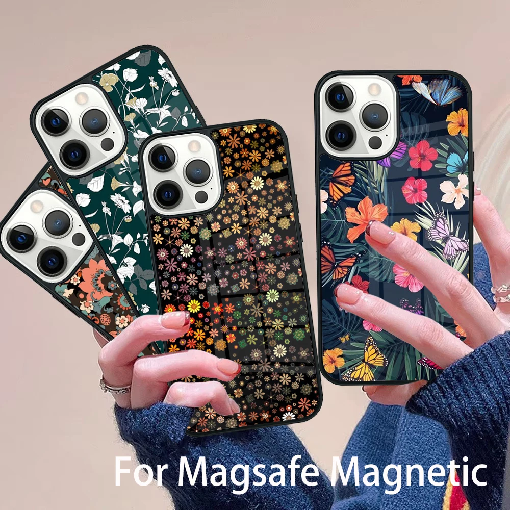 

Fashion Cute Flower Phone Case Magesafe Magnetic Wireless Charge Cover For IPhone 16 11 12 13 14 15 Pro Max Plus Mini