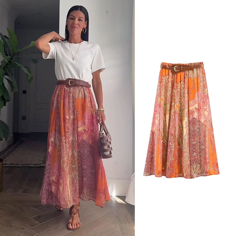Summer New Women Skirts Fashion Retro Print High Waist Skirts Chic Travel Holiday Female Skirts