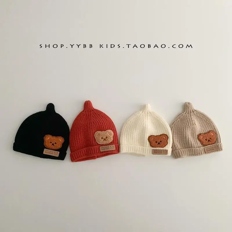 Korea Spring Autumn Kids boys Hat Candy Color Baby Boys Knit Hat Baby Girls Bear Head Embroidery Kids Knitted Hat