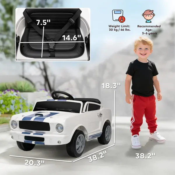 Coche Ford Shelby GT 350 para niños con control remoto, velocidad ajustable, MP3, arranque suave, luces LED, blanco