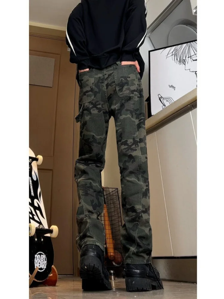 

Camouflage Loose Straight Leg Men's Jeans High Street Vibe Spring Autumn Long Pants Wear Resistant Micro Stretch Denim Jeans