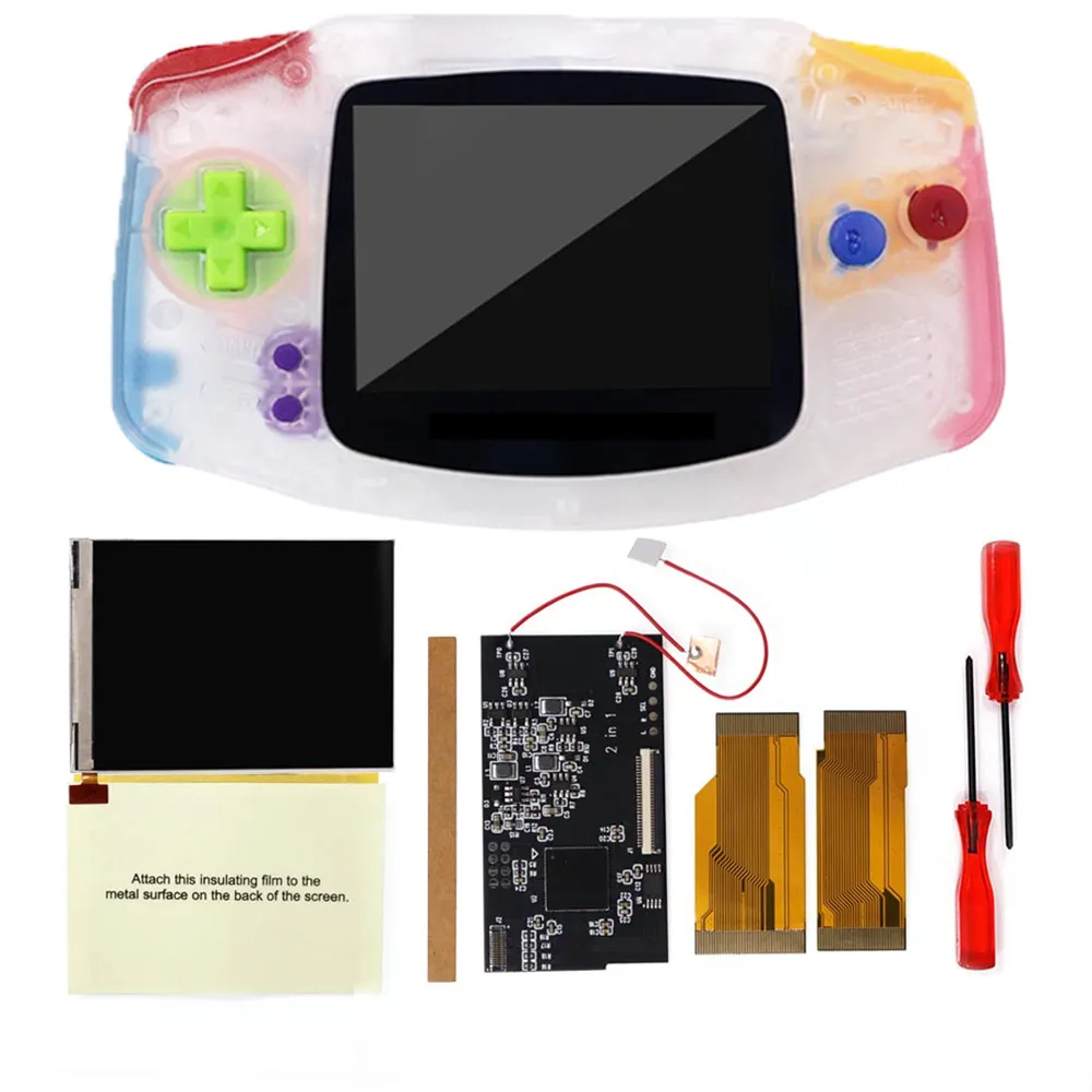 

GBA V2 IPS LCD Mod Kits, 8 Color Mods, Brightness Adjustable Backlight Screen Replacements with Glass Lens GBA Housing Shell