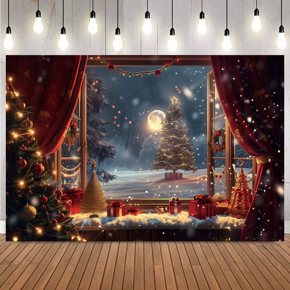 

Рождественский фон для фото, подарки Санта-Клауса, рождественская елка, снежинка, полная луна, плюшевый мишка, фоны для фотосессии, принадлежности для фотосессии