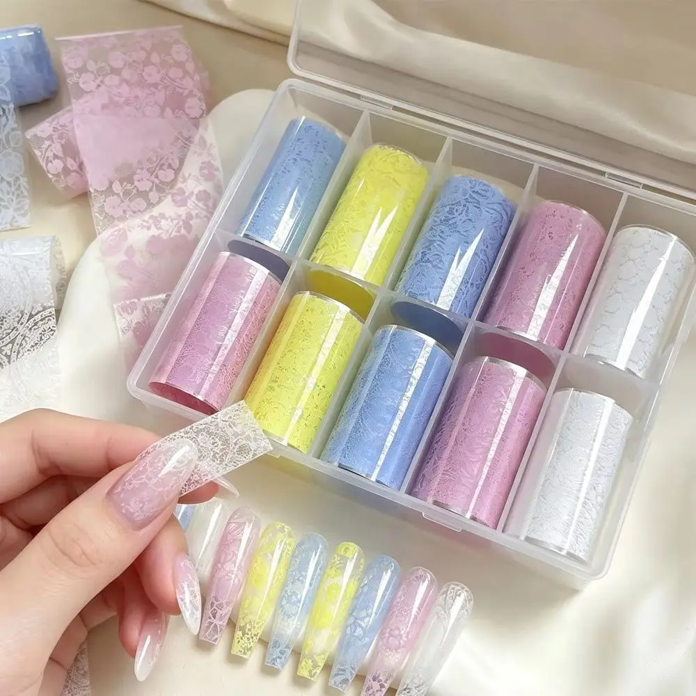 10 Rolls/Box Lace Nail Transfer Foil Sticker Macaron Color Floral Lace Nail Art Stickers Hollow Flower Pattern Manicure Decals