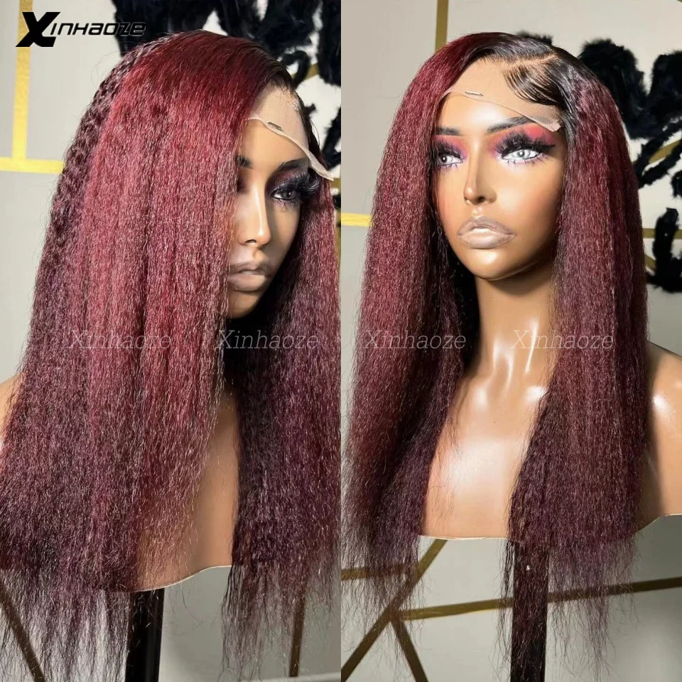 

Kinky Straight 13X4 1B/99J Burgundy Ombre Lace Front Wigs Colored Human Hair Yaki Straight HD Lace Frontal Wigs With Baby Hair