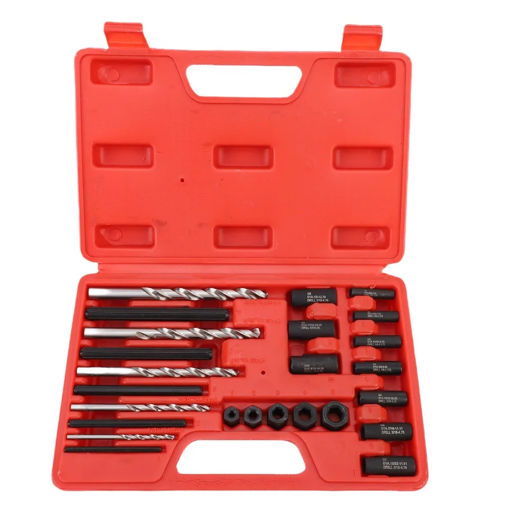25PCS Red Plastic Storage Case Screw Extractor Set Heavy Duty Universal Bolt Extractor Fastener Remover Set