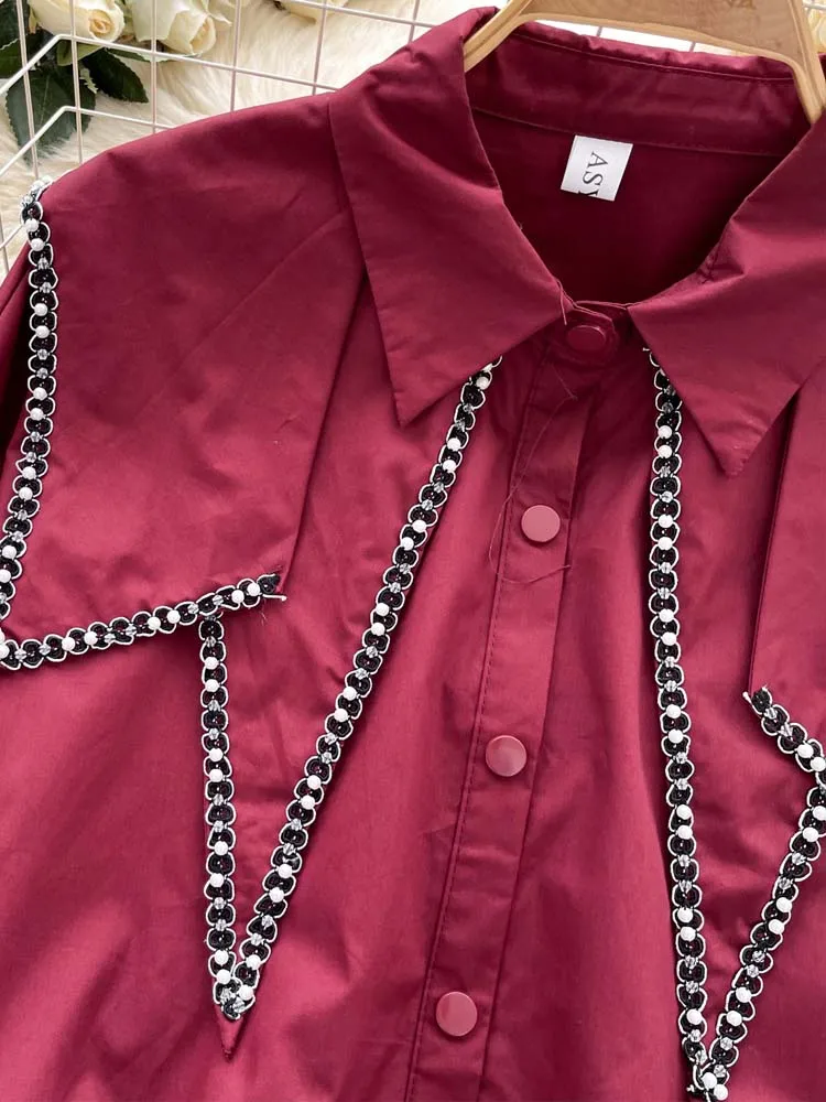 Crop-Shirt mit unregelmäßigem Kragen für Damen, 2025, Frühling, Sommer, langärmelig, verstellbare Taille, Bluse, Übergröße, Perlen-Tops INKEO 5T055