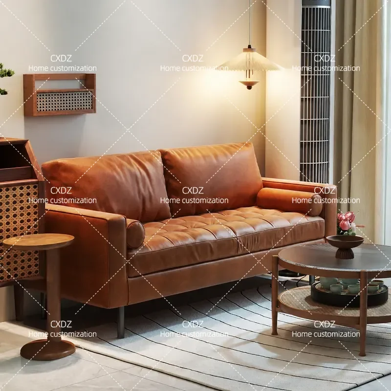 Light Luxury Oil Wax Leather Sofa Retro Double Triple Seater Office Living Room Furniture Medium Antique Style for Small