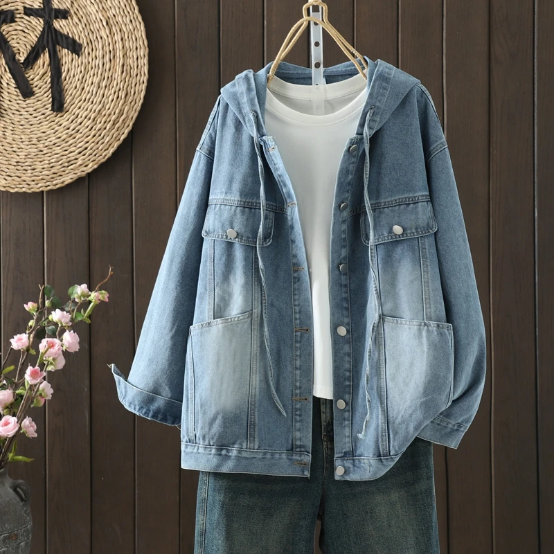

SuperAen Oversize Loose Hooded Denim Jacket Coats for Women Simple Solid Color Pocket Single Breasted Coats