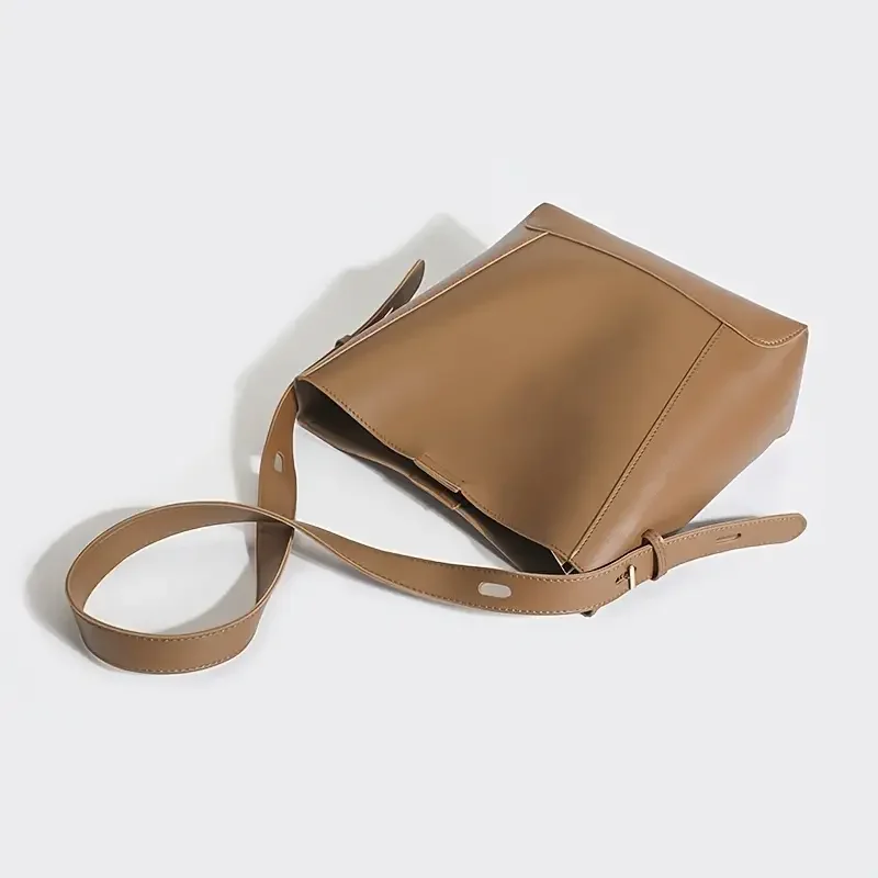 Retro Faux Leather Bucket Bag, Shoulder Bag With Adjustable Strap , Buckle Decor Tote Bag For Work