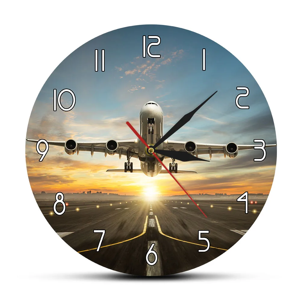 

Aircraft Flying Over Runway Along With Sunset Decorative Wall Clock For Pilots Bedroom Airplane Aviaiton Home Decor Wall Watch
