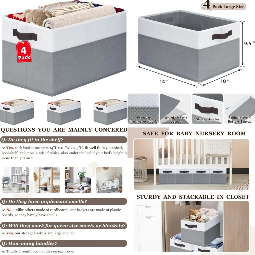 

storage basketsLarge 4 Pack Storage Baskets with Handles 14x10 for Home Organization Closet Bedroom Laundry Room Garage Utility