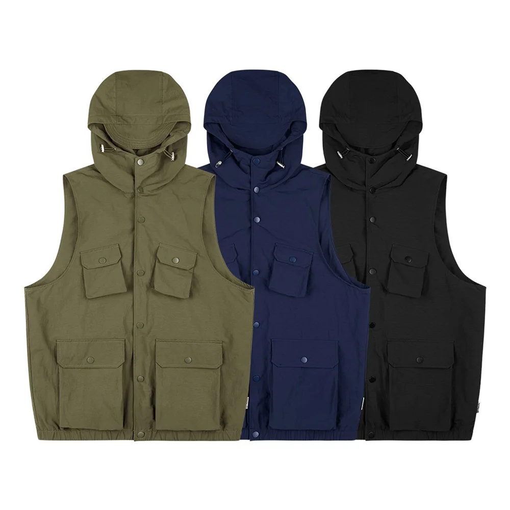 Multi Pocket Sleeveless Cargo Jacket Vest Men Women Japanese Cityboy Outdoor Casual Loose Hooded Vest Unisex Waistcoat