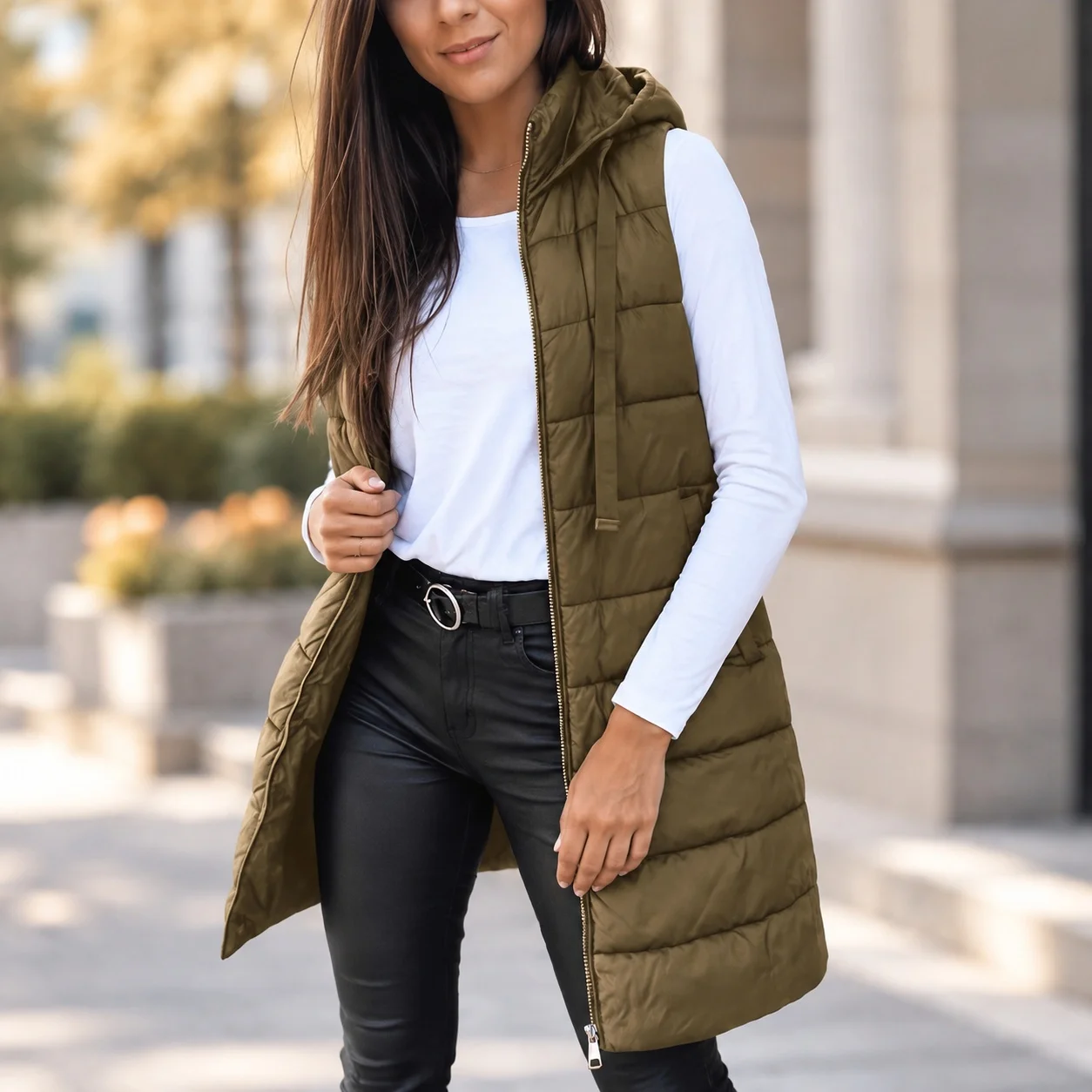 Polo Collar Pocket Coat Mid Long Length Slim Fit Japanese Korean Casual with Autumn Single Row Multi Button Closure Women Vest