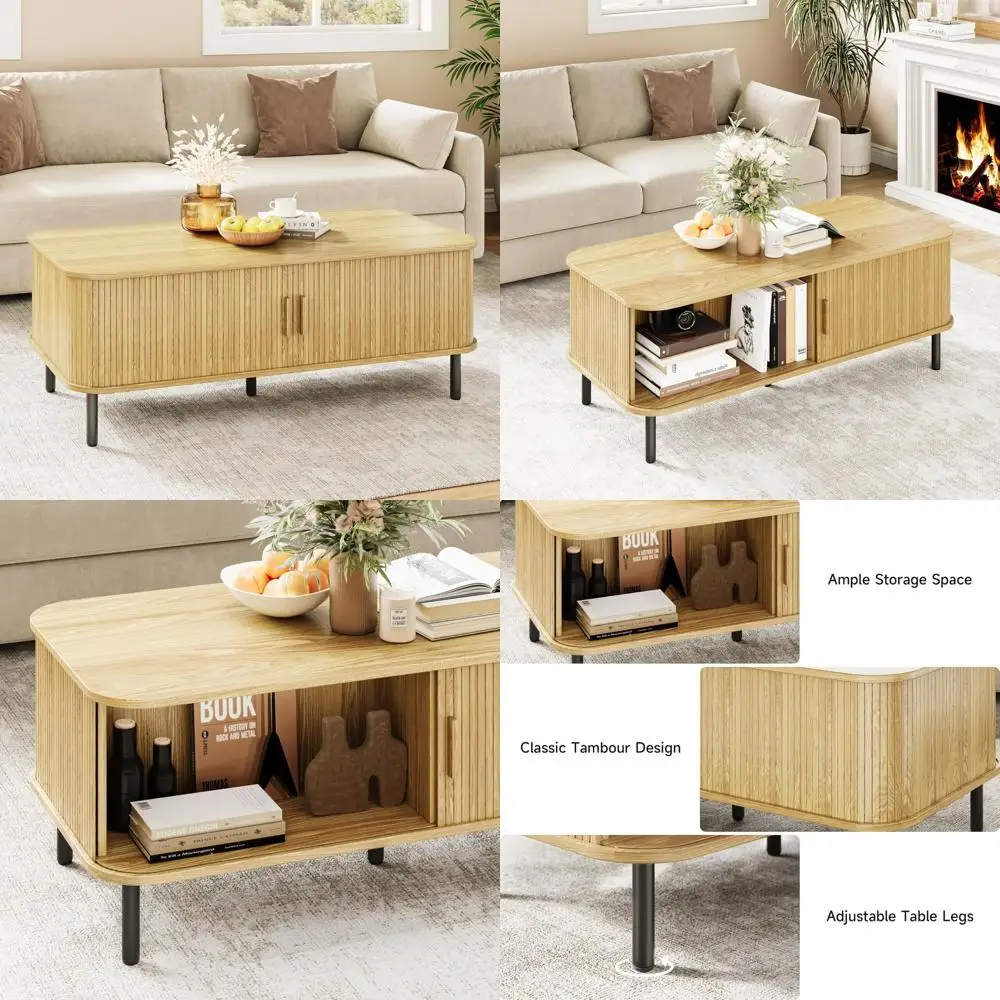 Mid Century Modern Storage Coffee Table, Rectangular Wooden Living Room Centerpiece with Sliding Drawers for Stylish Organizatio