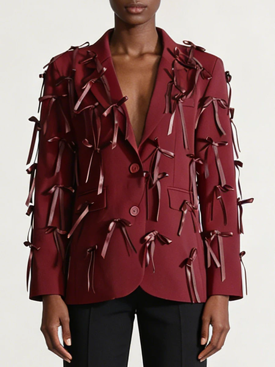 VGH Solid Design Sense Romantic Spliced Bowknot Jackets For Women V Neck Long Sleeve Autumn Temperament Blazer Female Fashion