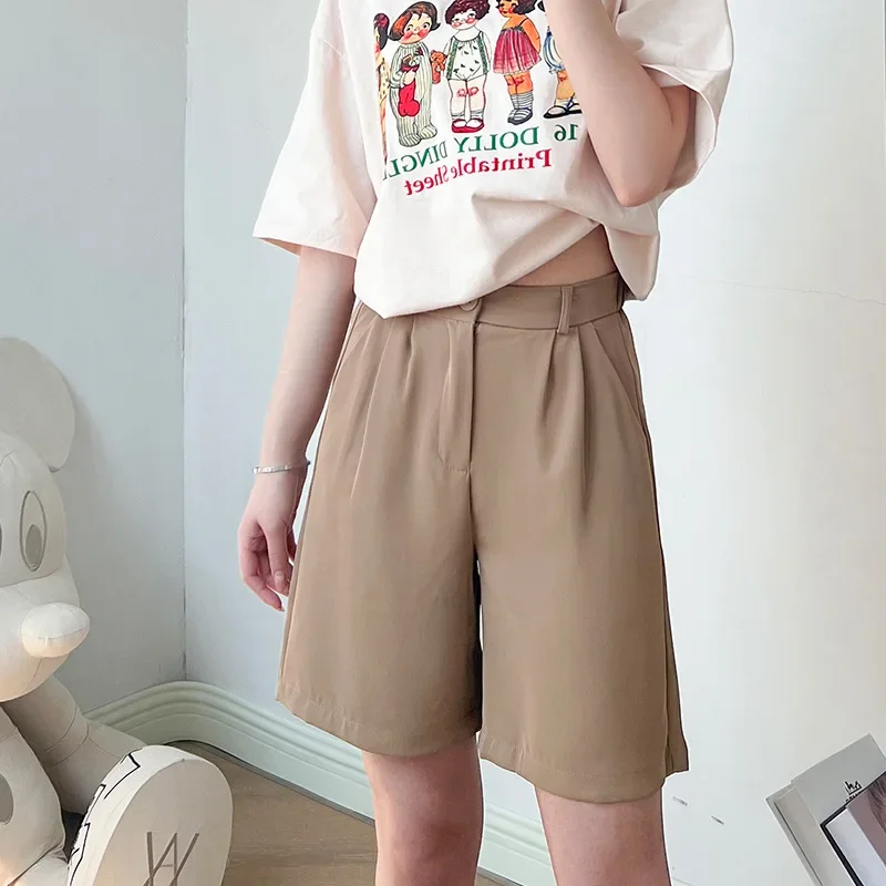 Shorts casuais de cintura alta para mulheres, botão, comprimento do joelho, reto, perna larga, calças curtas, cor sólida, solto, verão