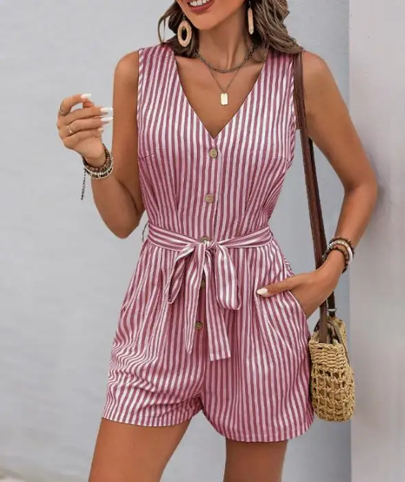

Retro Casual Vacation Jumpsuit V-Neck Sleeveless Striped Jumpsuit Shorts