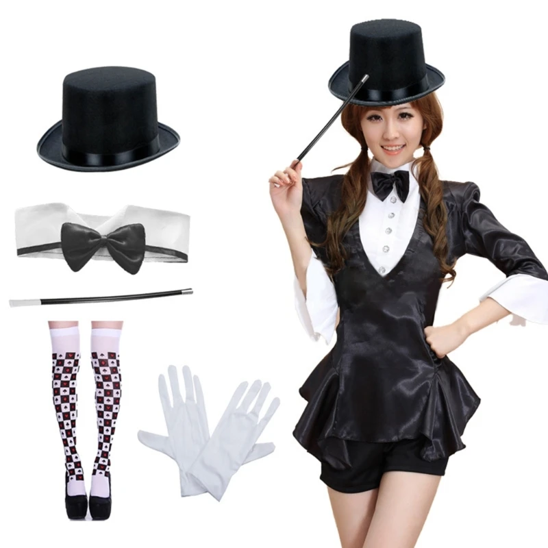 Adult Magician RolePlay Cosplay Set Hat Bows Choker Wand Gloves  for Magic Trick Show for Dance Party Dress Up