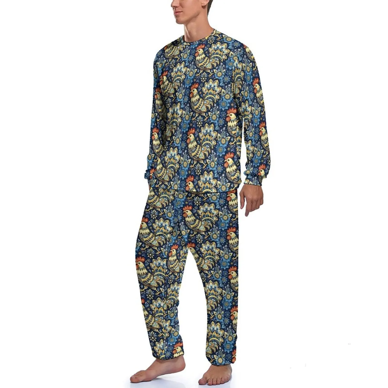 Folk Art Chickens Pajamas Autumn 2 Piece Rooster Floral Elegant Pajama Sets Man Long Sleeves Home Graphic Nightwear