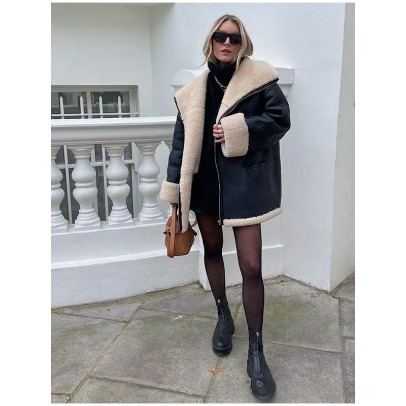 Elegancki płaszcz ze skóry ekologicznej z futrzanym kołnierzem dla kobiet, nowość na jesień i zimę, młodzieżowy, miejski, długi rękaw.