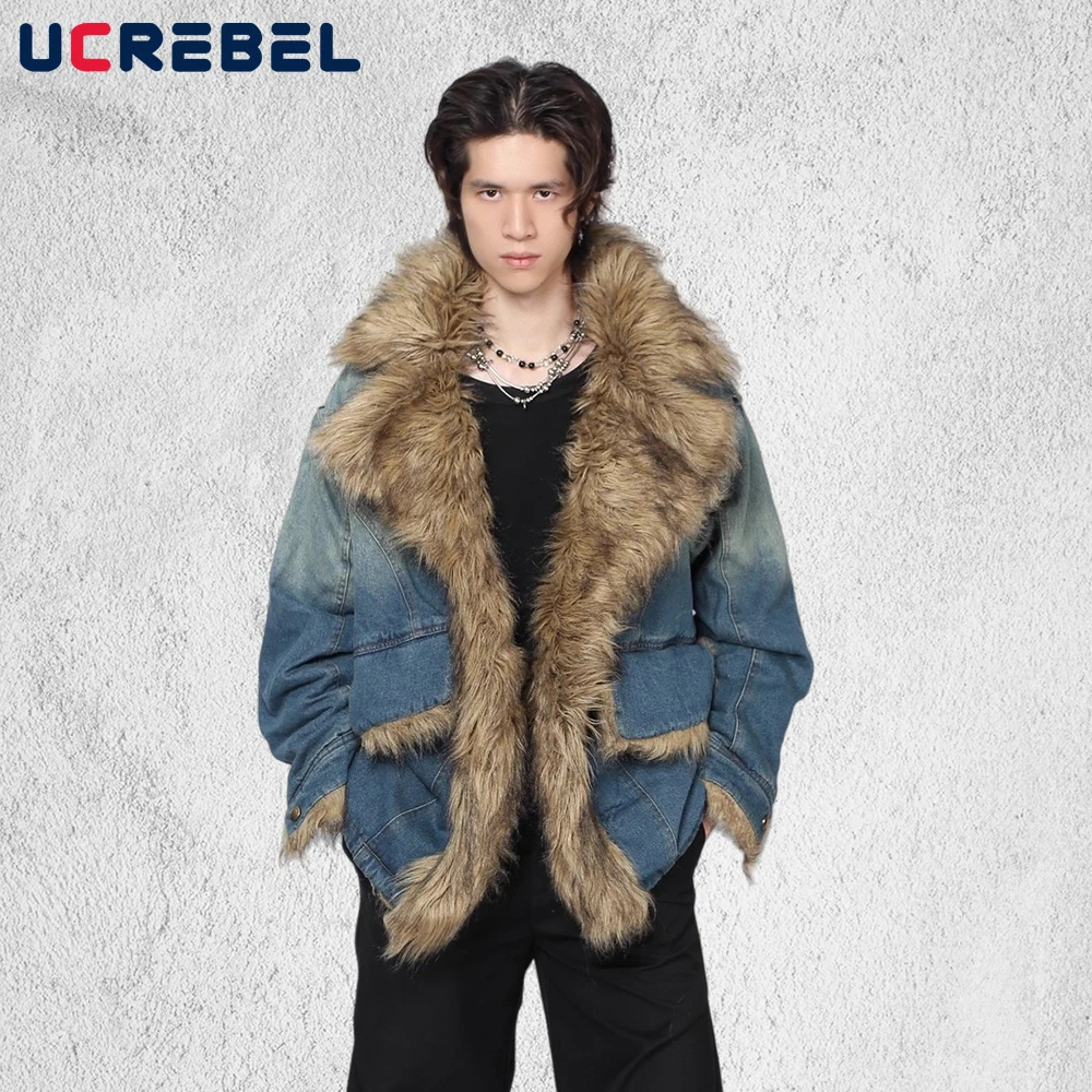 

Sherpa Spliced Denim Padded Jacket Mens Washed Distressed Winter Retro High Street Fur Collar Long Sleeve Thick Outerwear Man