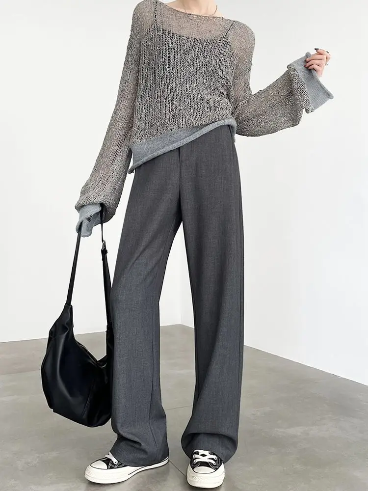 

Серые прямые брюки 2025 года, женские повседневные висячие брюки, дизайн и темперамент, новые широкие брюки с высокой талией